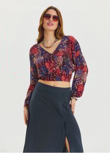 P V Neck Button Detailed Red Summer Blouse 4608